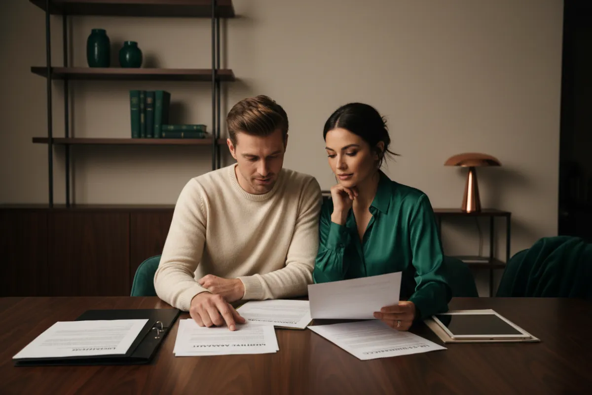 Couple peacefully reviewing their life insurance and mortgage protection plans together at the kitchen table
