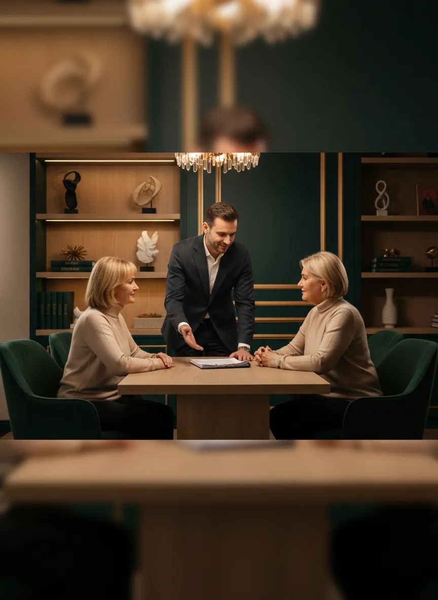 Professional financial advisor reviewing retirement documents with clients