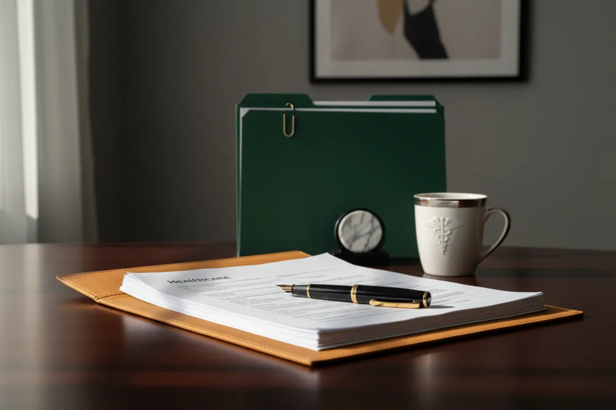 A professional desk setting indicating administrative healthcare paperwork