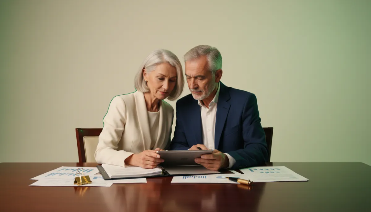 Professional couple reviewing financial documents for retirement planning