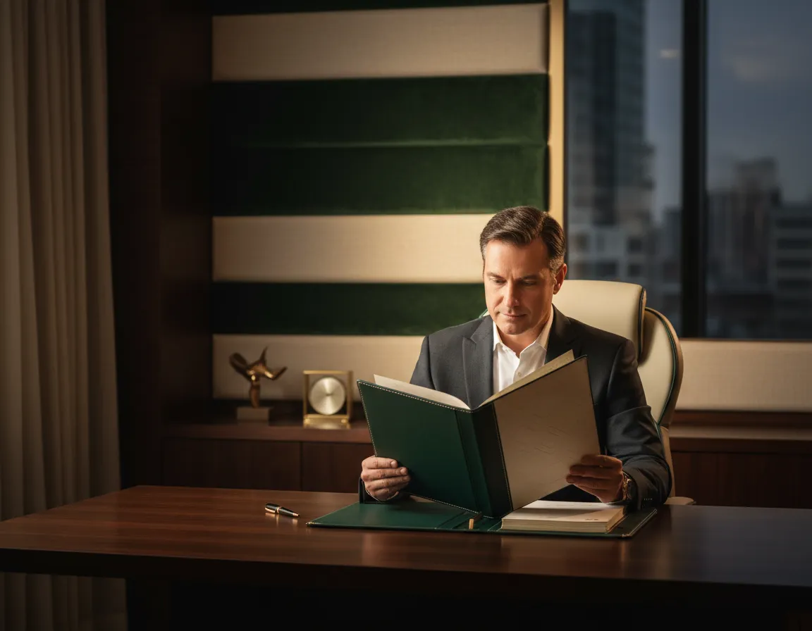 Financial professional reviewing life insurance policy coverage documents in a premium office