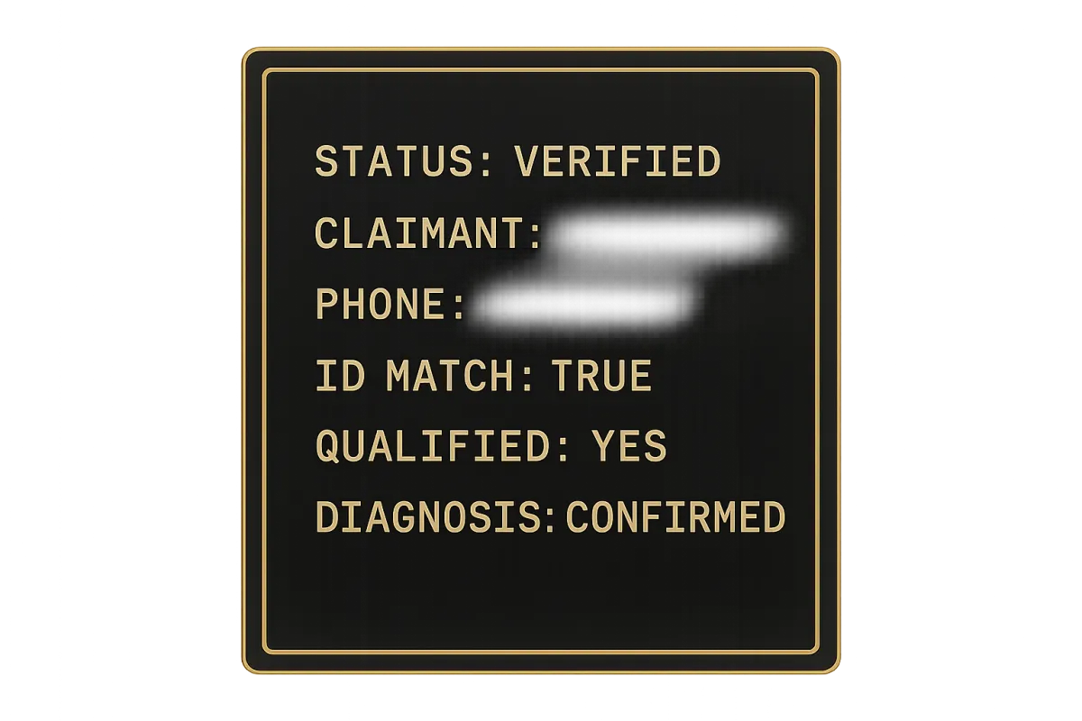 Mockup of claimant data record with blurred sensitive fields