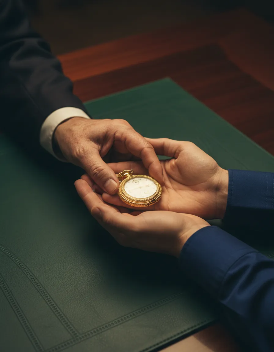 A grandfather tenderly passing a cherished family heirloom to his grandchild