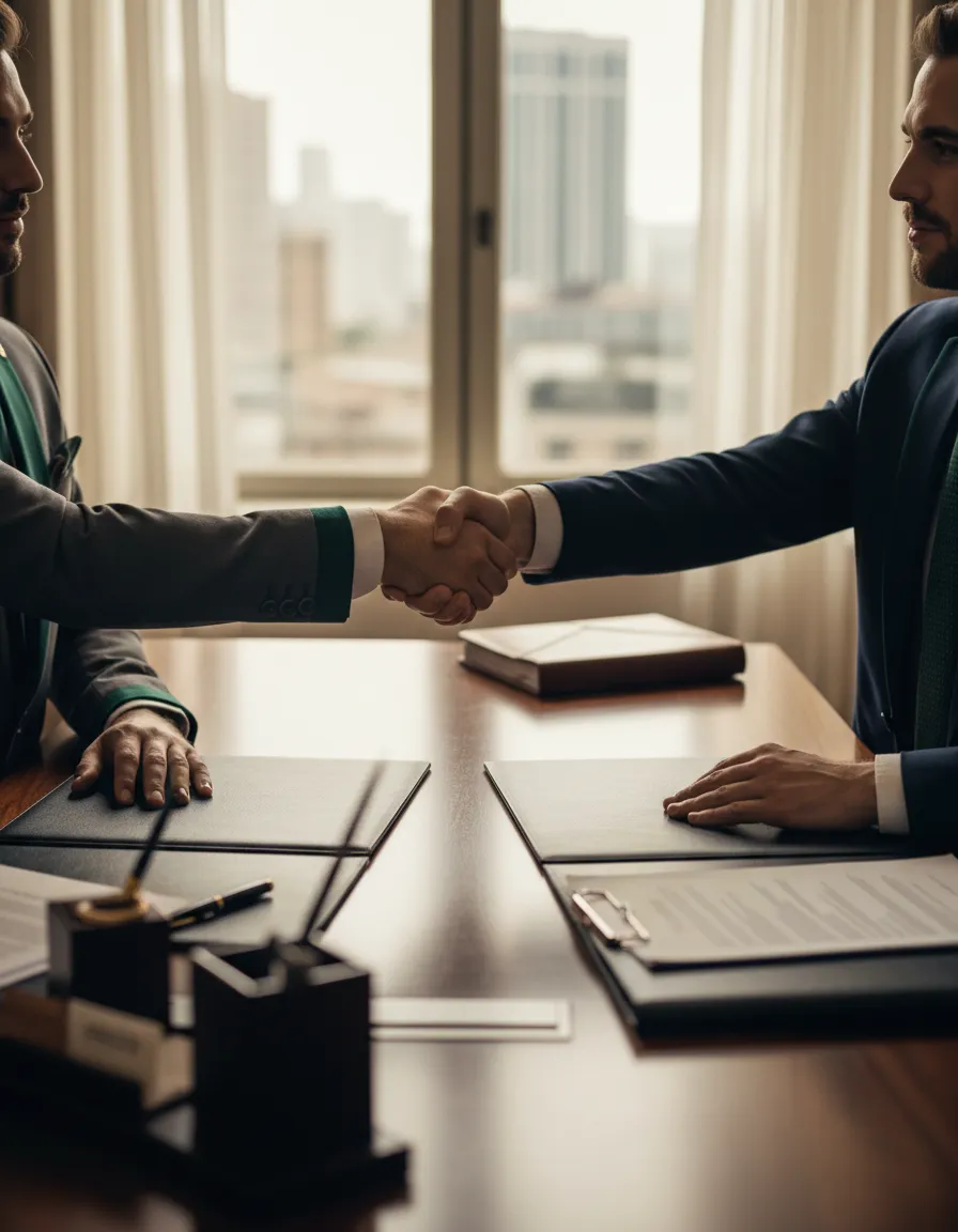 Professional handshake in an office setting representing trustworthy licensing and consultation