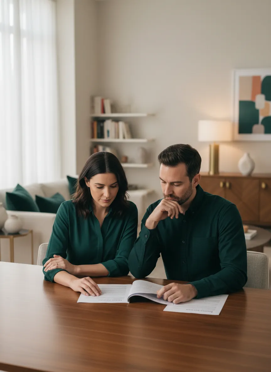 Pensive couple reviewing term life insurance options and planning their family's financial future