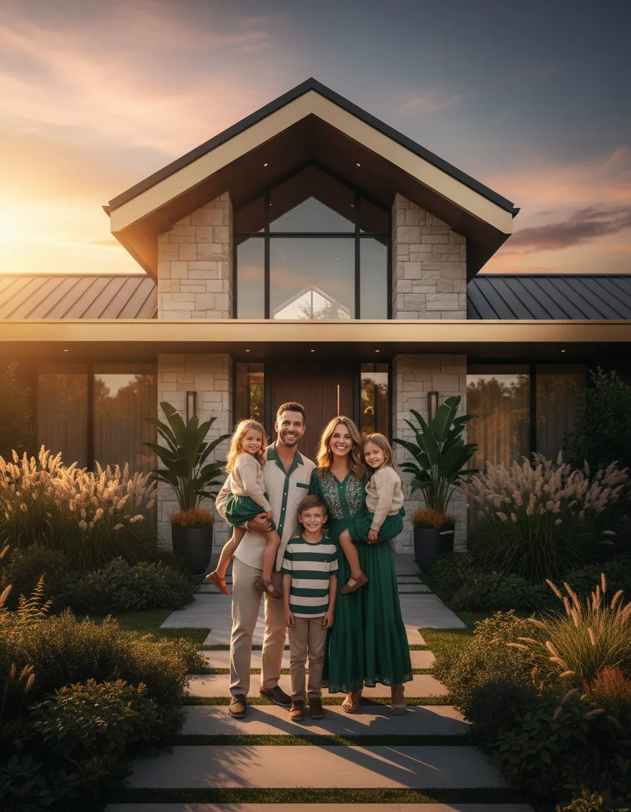 A family standing confidently outside their secure home