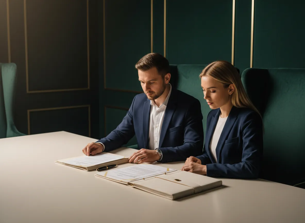Professional financial advisor reviewing documents with clients