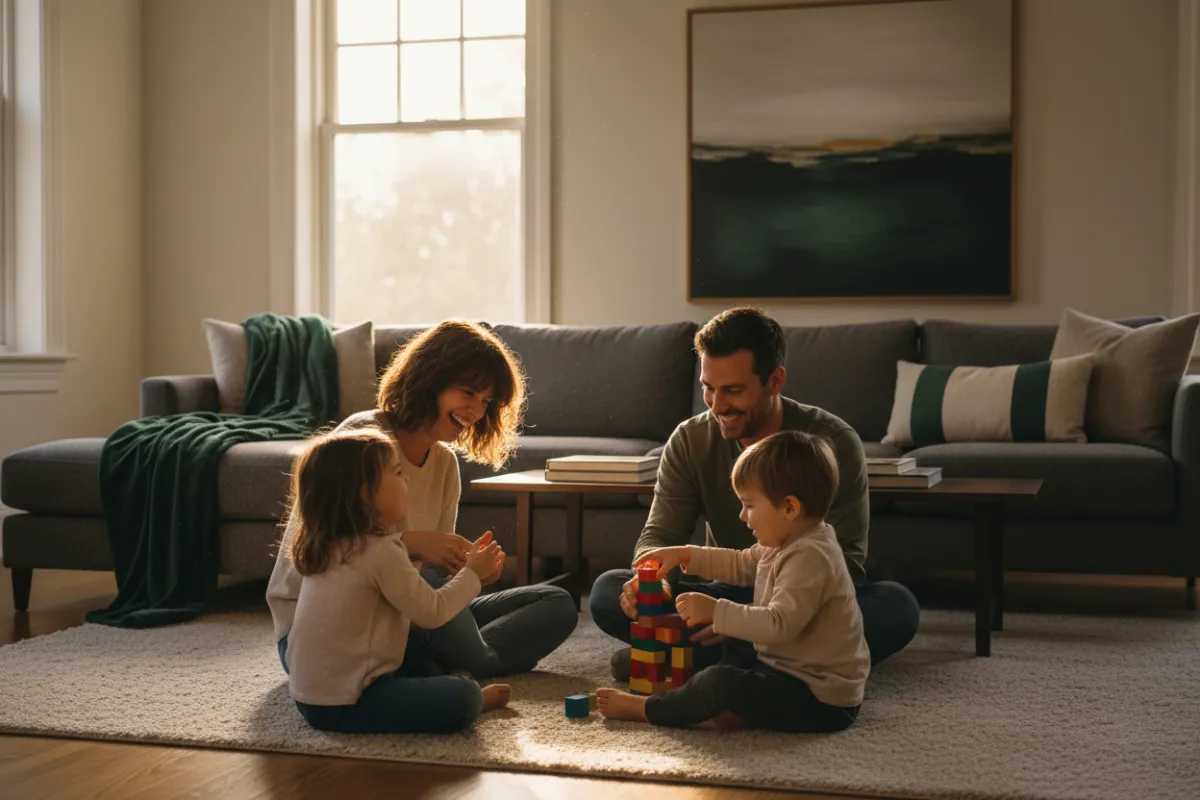 Parents playing with children in living room