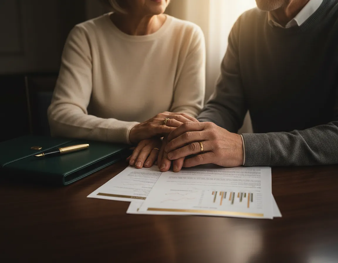Older couple reviewing financial documents at a table