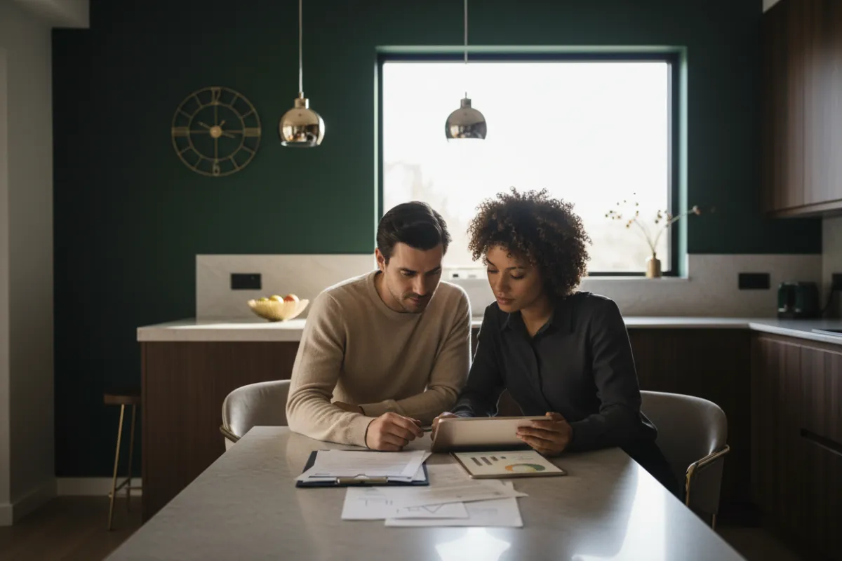 Couple sitting at kitchen table reviewing documents