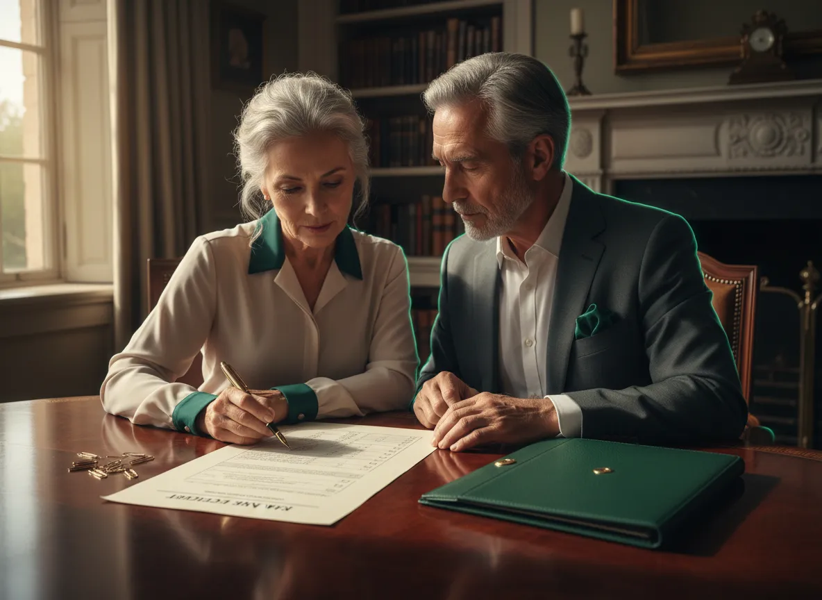 Retired couple reviewing their financial checklist at a table