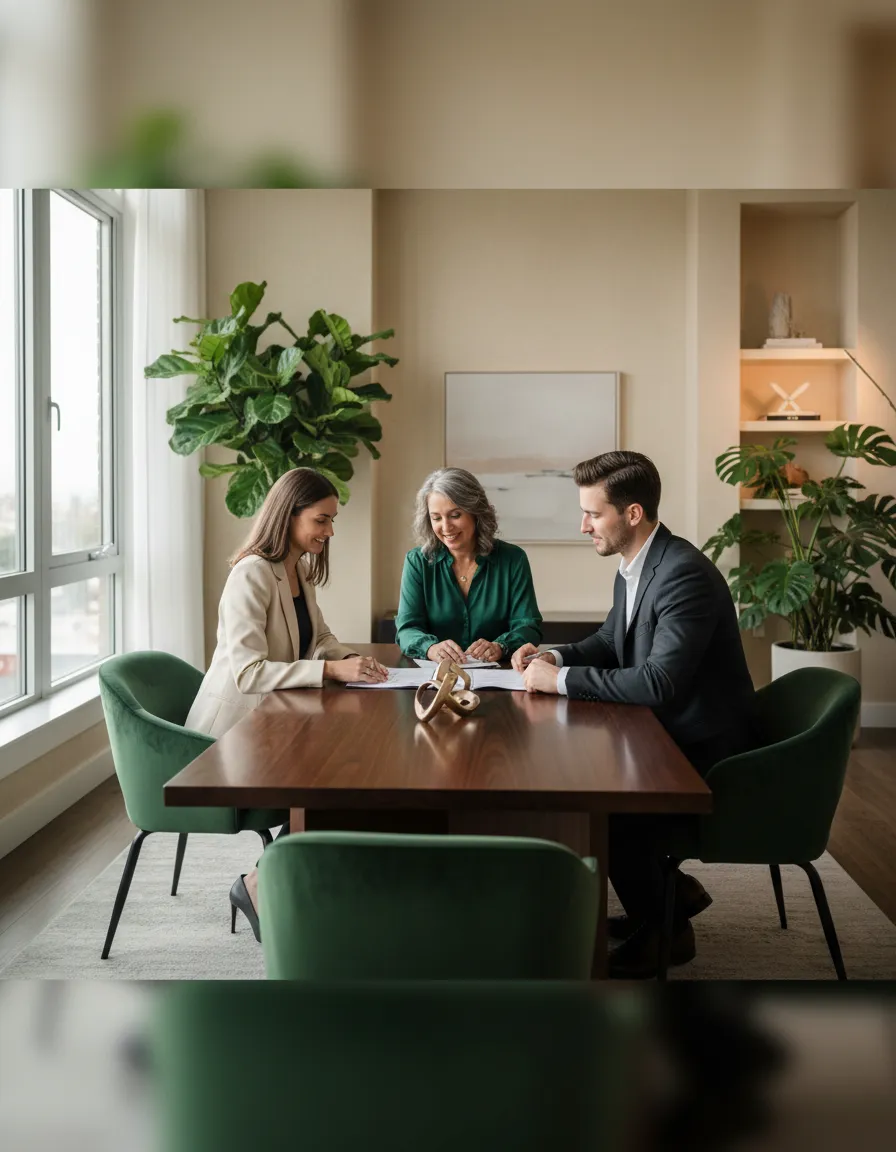 A professional couple reviewing term life insurance documents with their advisor at a table.