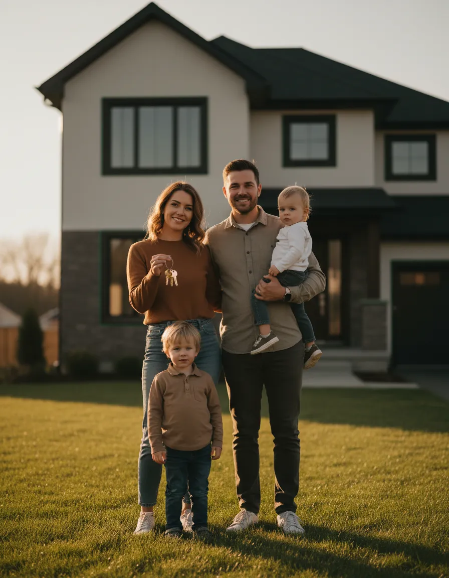 Young family standing outside their new home