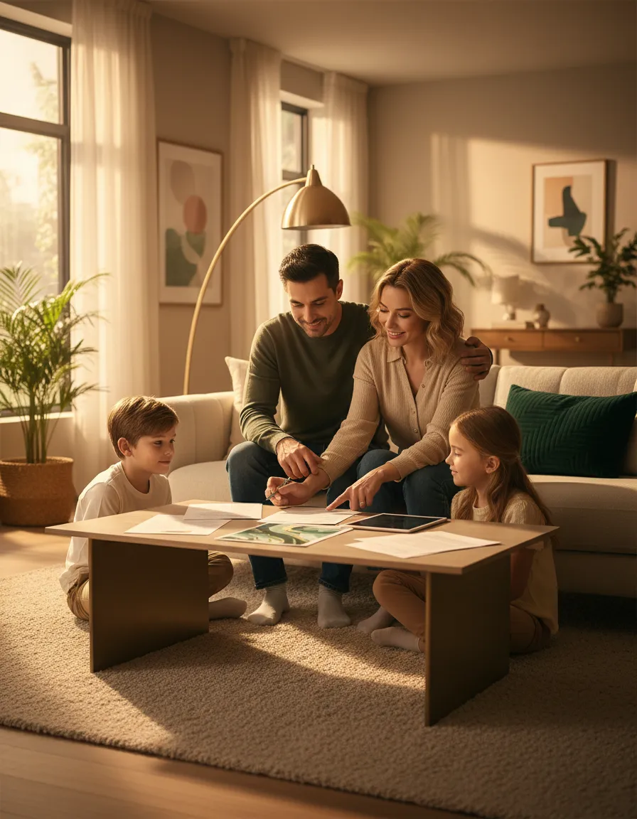 Young family reviewing term life insurance options in their home