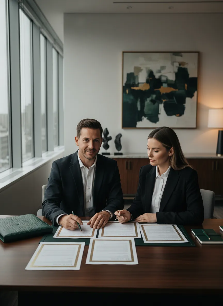 Professional reviewing life insurance and retirement planning documents with a client