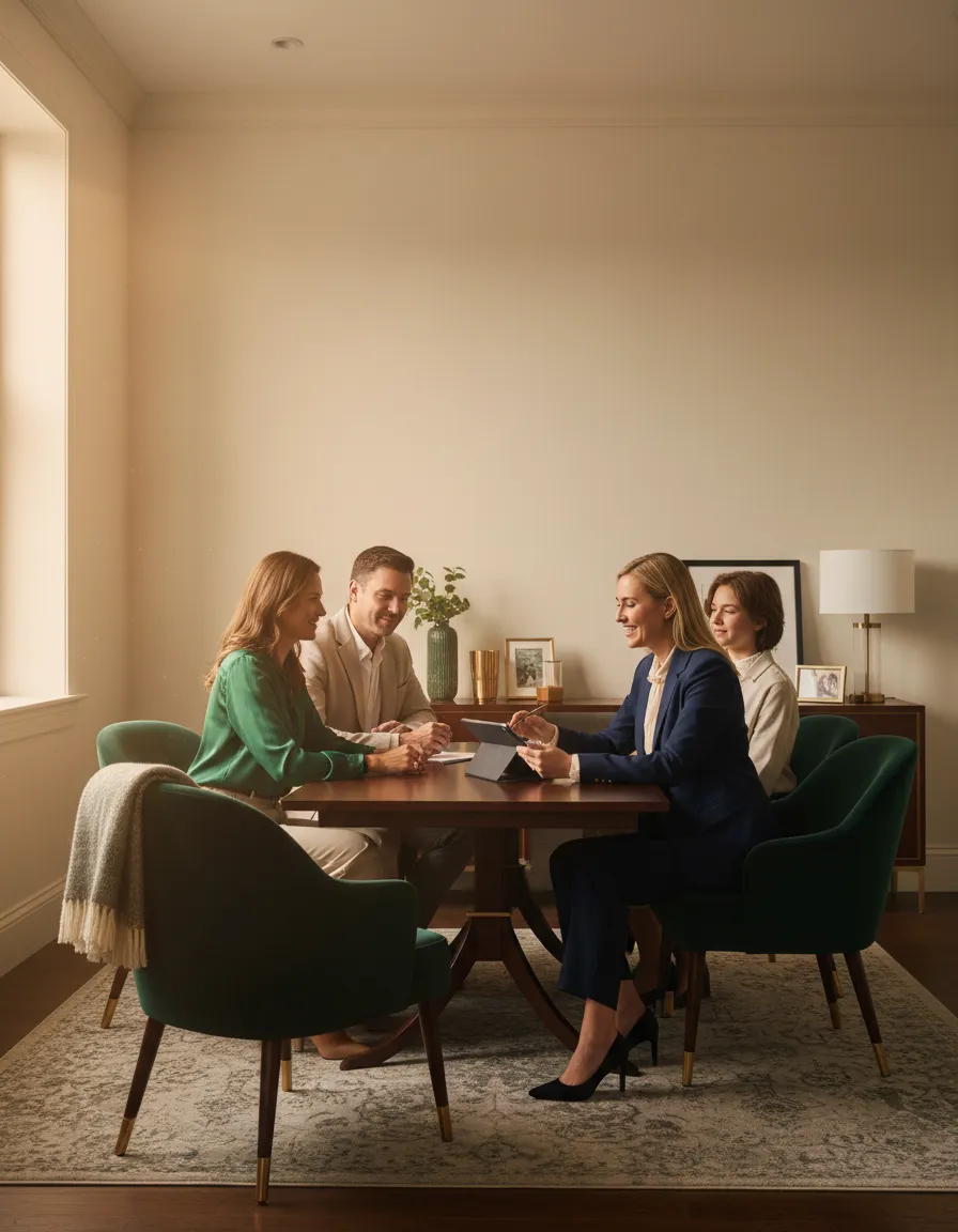 Financial professional guiding a family in a warm collaborative setting