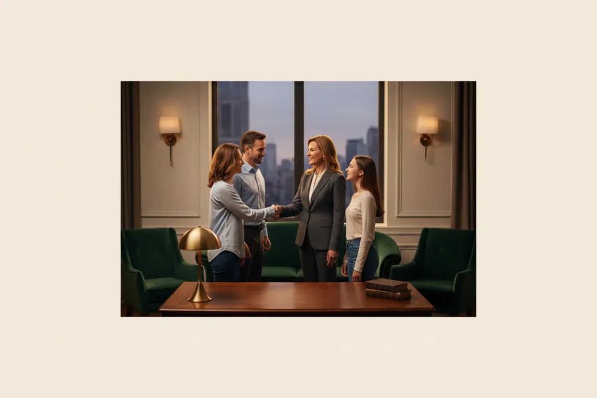 A professional advisor shaking hands with a relieved family