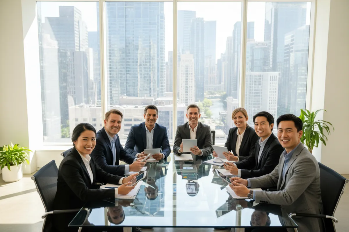 A diverse group of professional loan officers and real estate agents in a modern office, collaborating around a glass table with digital devices, bright natural light, and a cityscape visible through large windows. Everyone is engaged and smiling, representing ambition and teamwork.