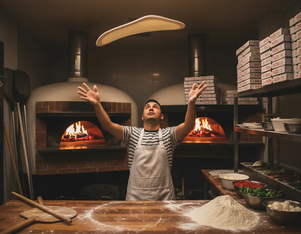 Chef tossing dough in a cozy neighborhood pizzeria