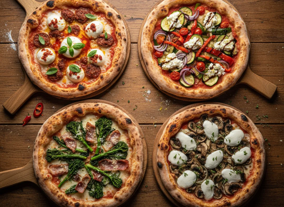 Specialty pizzas with bold toppings and bubbling cheese