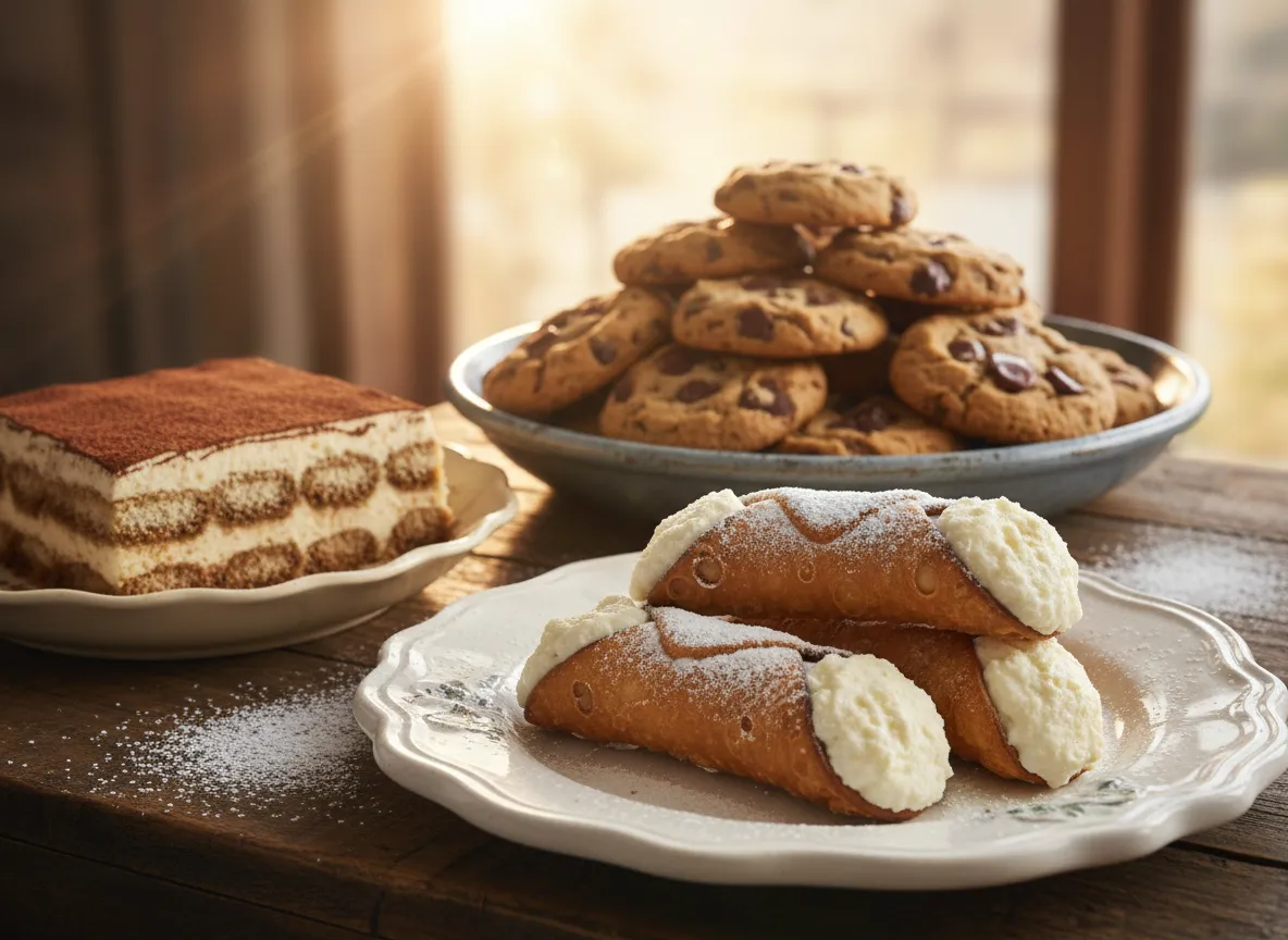 Desserts like cannoli and cookies