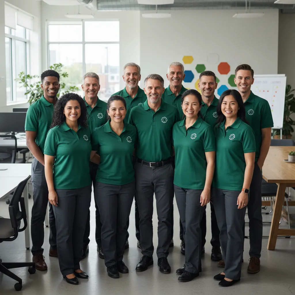 A group portrait of the cleaning team, diverse in age and background, smiling confidently in branded uniforms. The team stands in a bright, welcoming office space, conveying professionalism, warmth, and a strong sense of community.