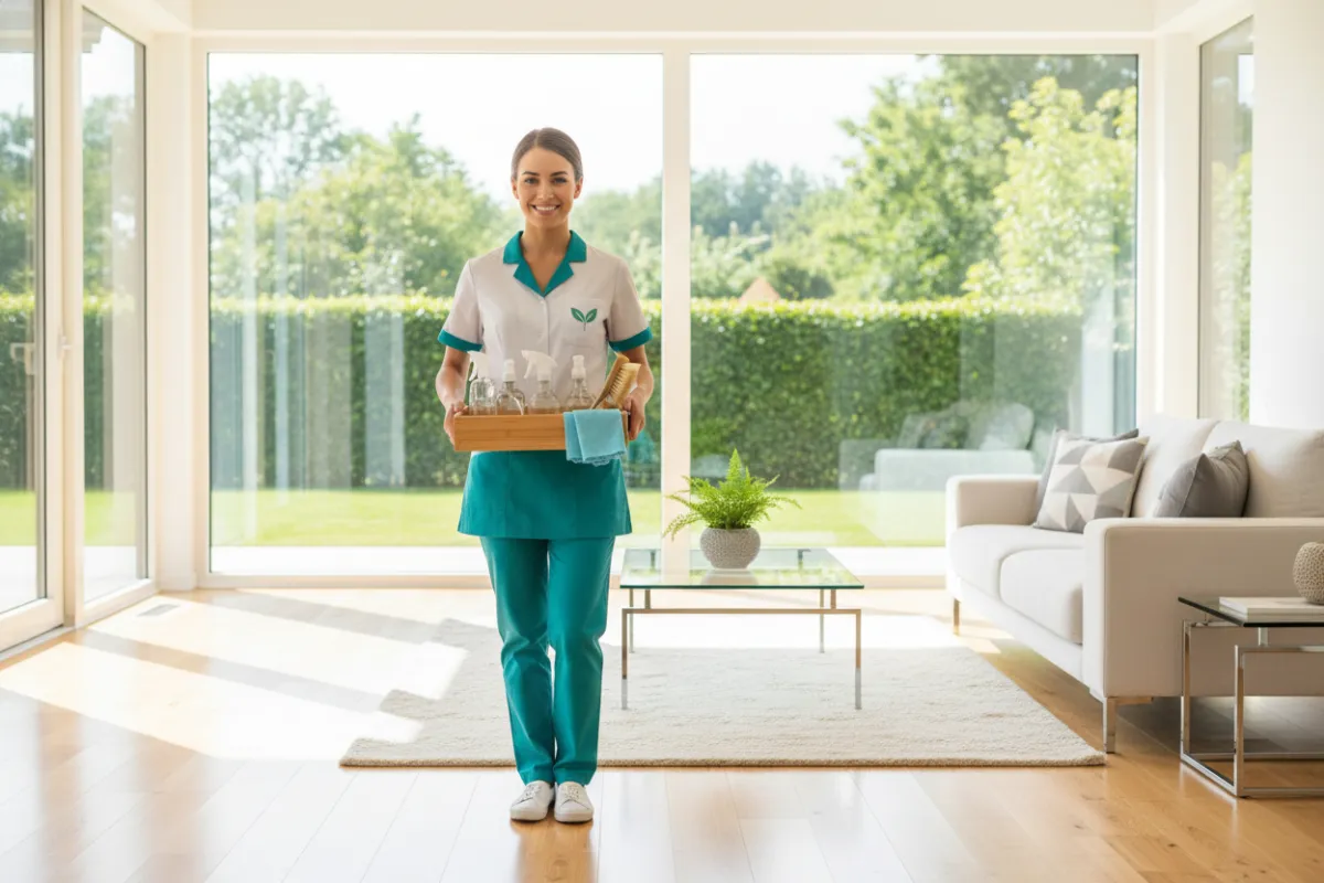 A cheerful professional cleaner in branded uniform, holding eco-friendly cleaning supplies, stands in a sunlit, modern living room with sparkling floors and large windows. The scene conveys trust, reliability, and a premium service experience for homeowners.