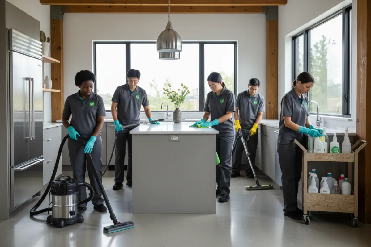 A diverse team of professional cleaners, wearing matching uniforms, efficiently cleaning a spacious, modern kitchen. The team is focused and coordinated, using advanced equipment and eco-friendly products, highlighting their expertise and attention to detail.