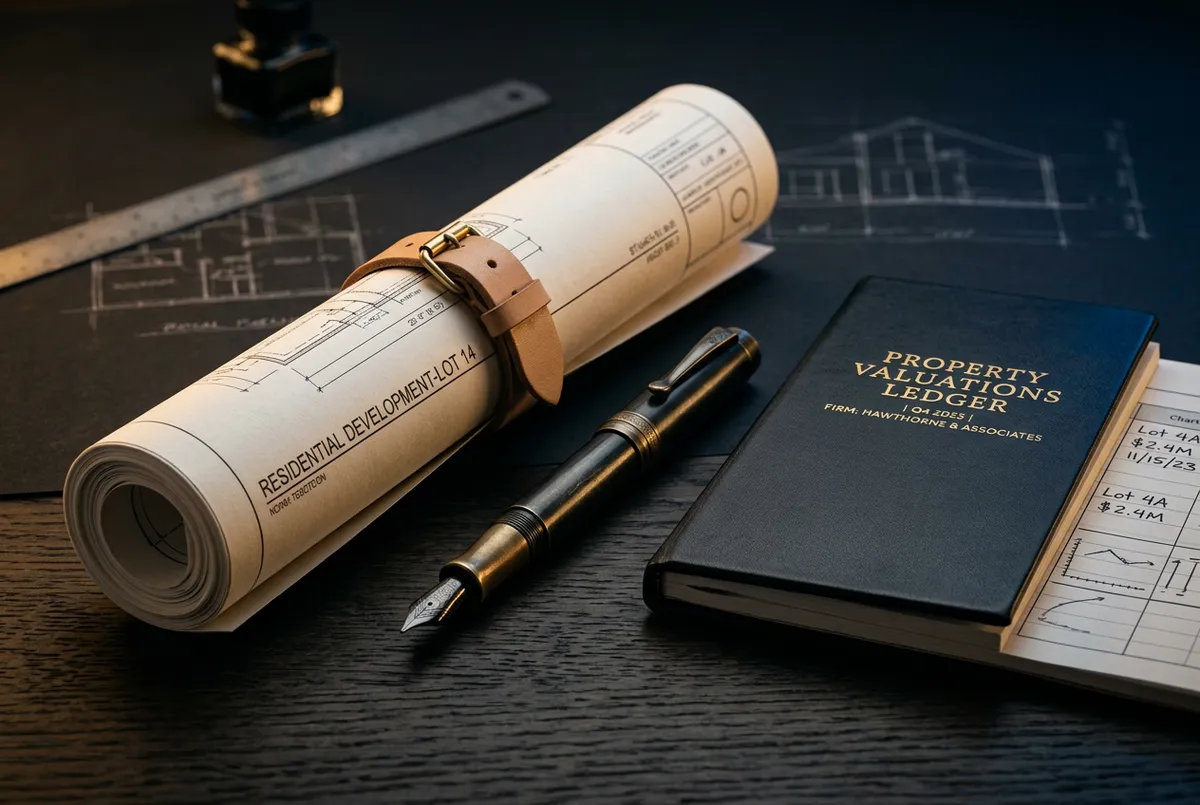 Architectural blueprints and property asset valuation ledger