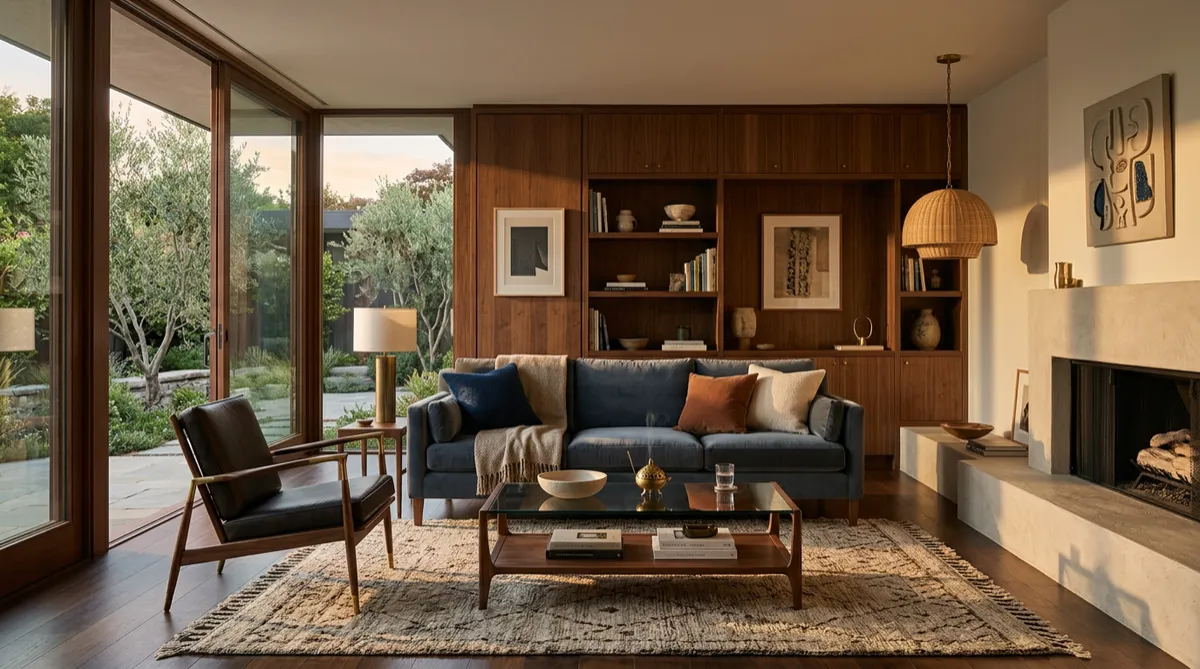 Sunlit architectural interior of a private home with serene bespoke furnishings overlooking a calm courtyard, embodying tranquility and stability