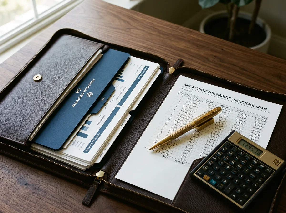 Architectural desk with financial portfolio documents and subtle modern calculative planning