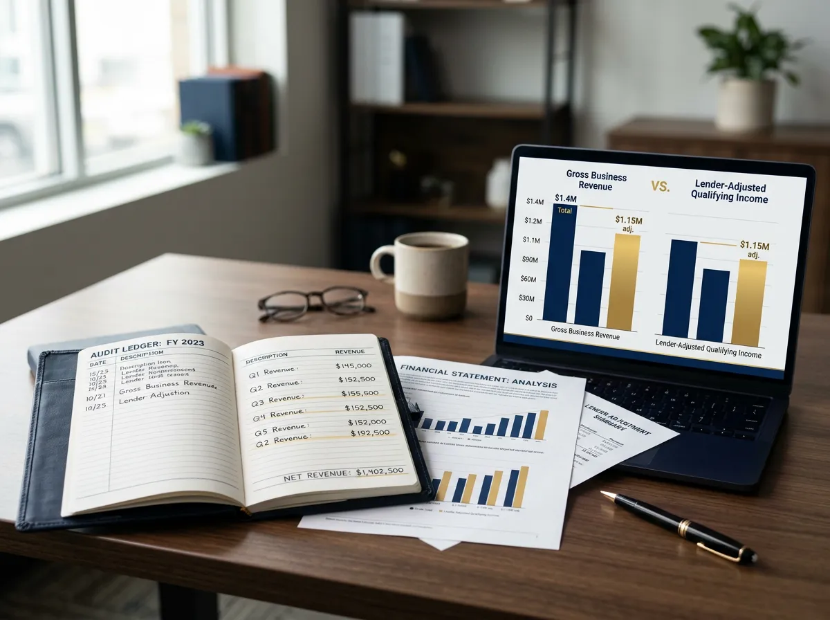 Financial audit comparison showing business gross revenue versus underwriter qualifying income