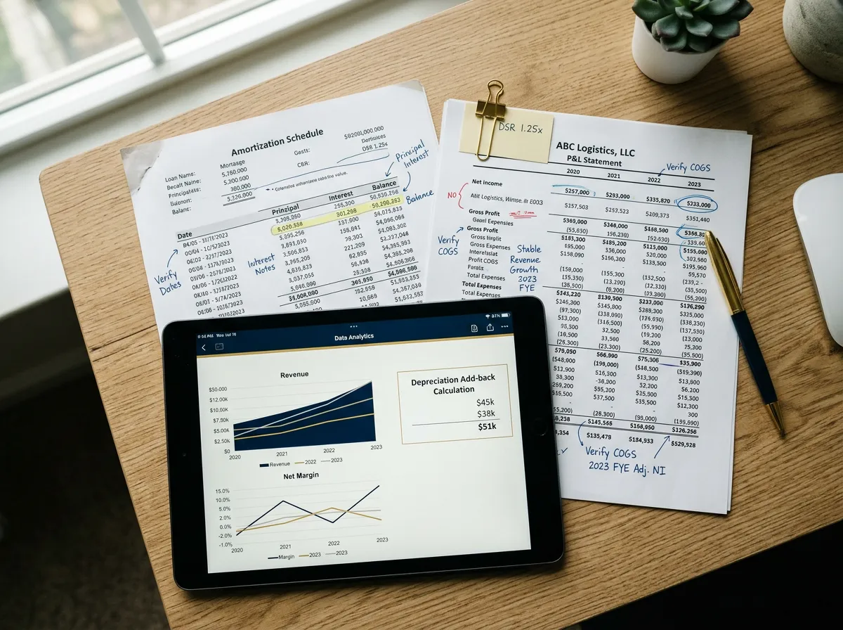 Mortgage underwriter worksheet calculating depreciation add-backs and multi-year trend lines