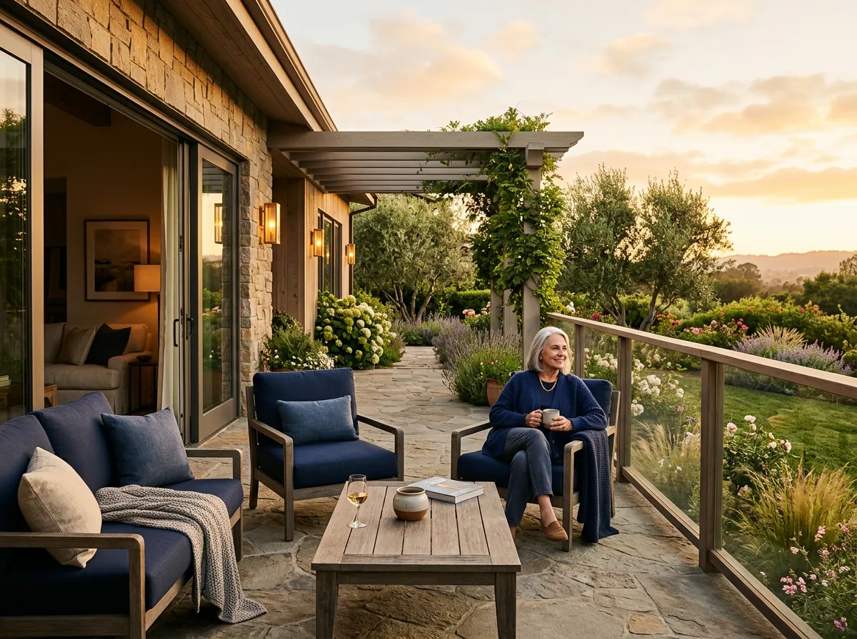 Serene warm residence terrace overlooking a garden symbolizing enduring retirement peace