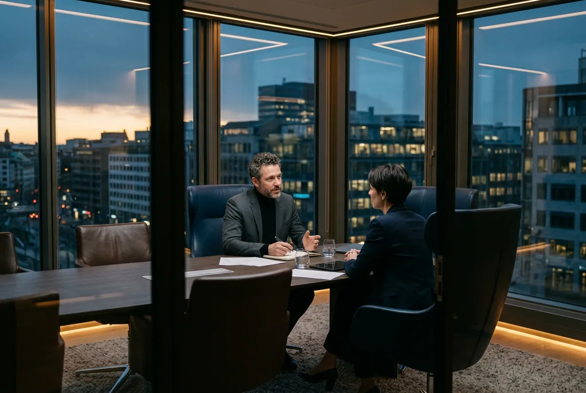 Sophisticated consultation setting overlooking city architecture, reflecting long-term financial reviews