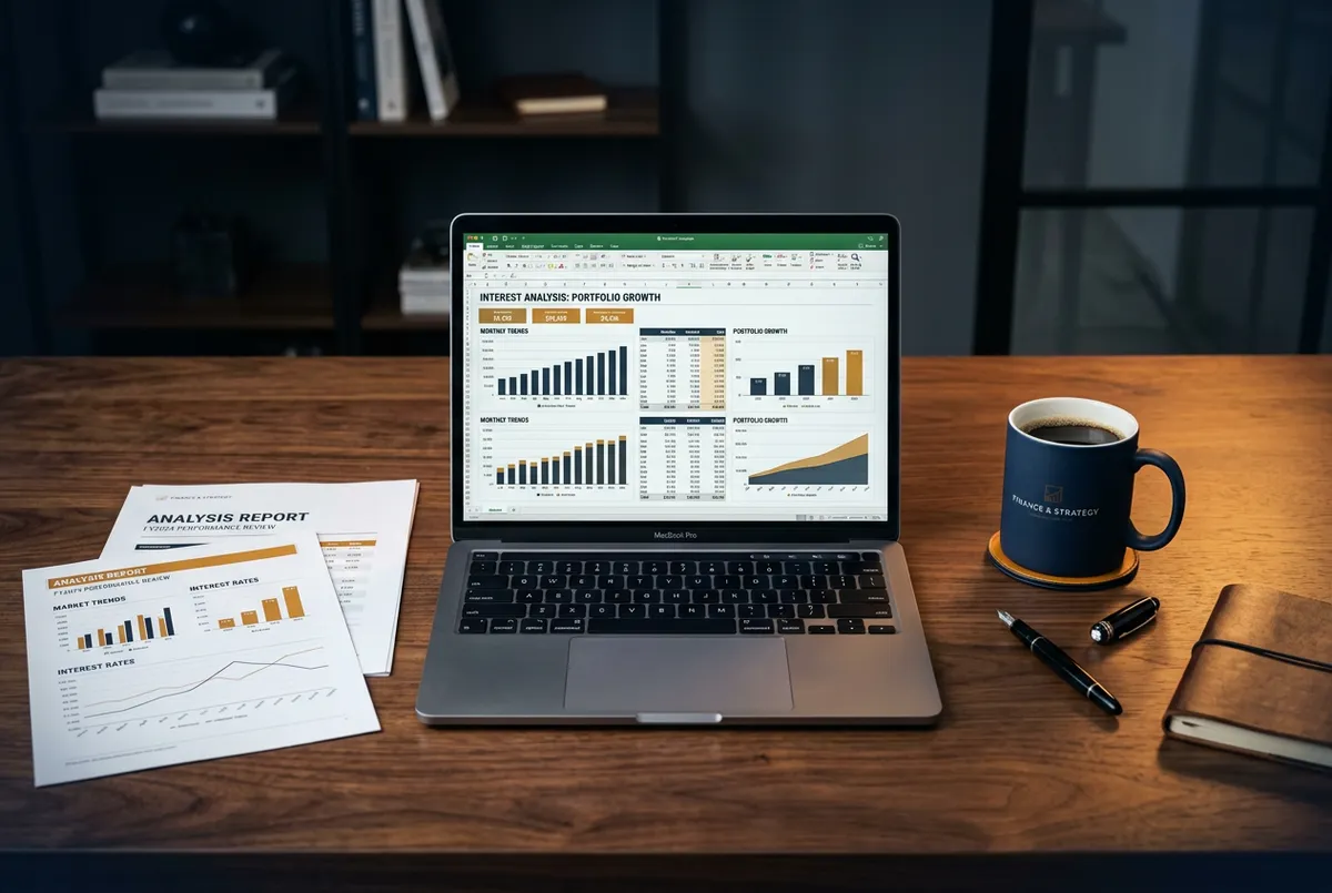 Financial desk with clean documents, calculator, and modern laptop displaying interest analysis