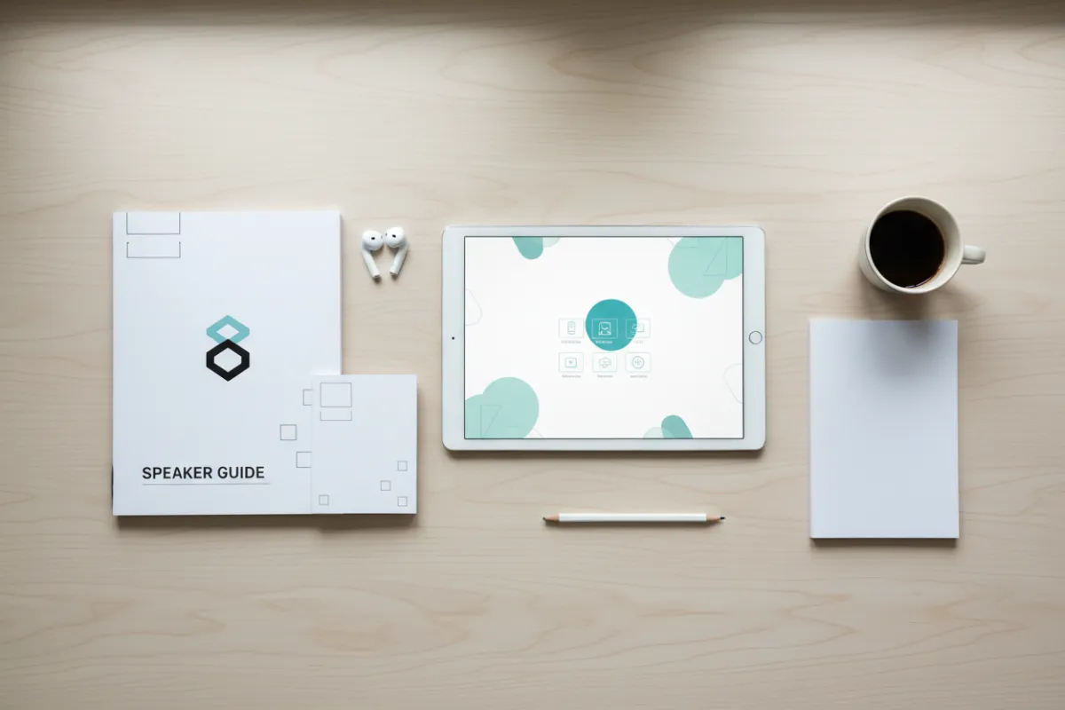 Landscape image of a speaker preparation kit: a tablet showing recording tips, branded speaker guide PDF beside a tidy set of notes, bright flat-lay composition emphasizing simplicity for speakers.