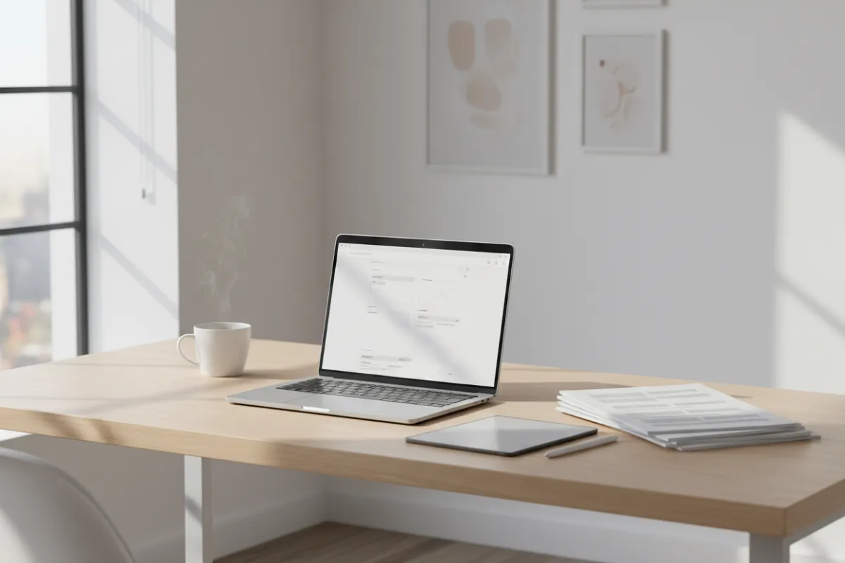 Landscape image of a copywriting workspace: open laptop with campaign draft on screen, a printed email sequence next to it, soft daylight, modern minimal mood to represent included email sequences and landing copy.