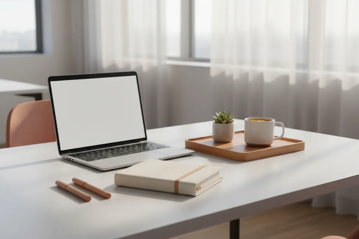 Modern desk with closed planner and laptop, photorealistic, productivity and clarity for planning sessions