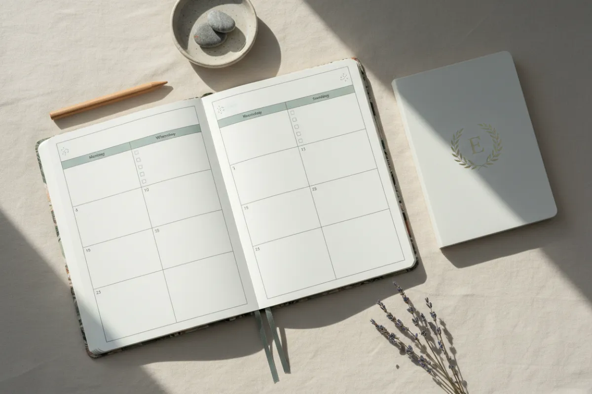 Landscape image of a tidy planner open to a weekly layout and a branded notebook, flat-lay composition with soft natural light, created to highlight the printable planner included in the package.