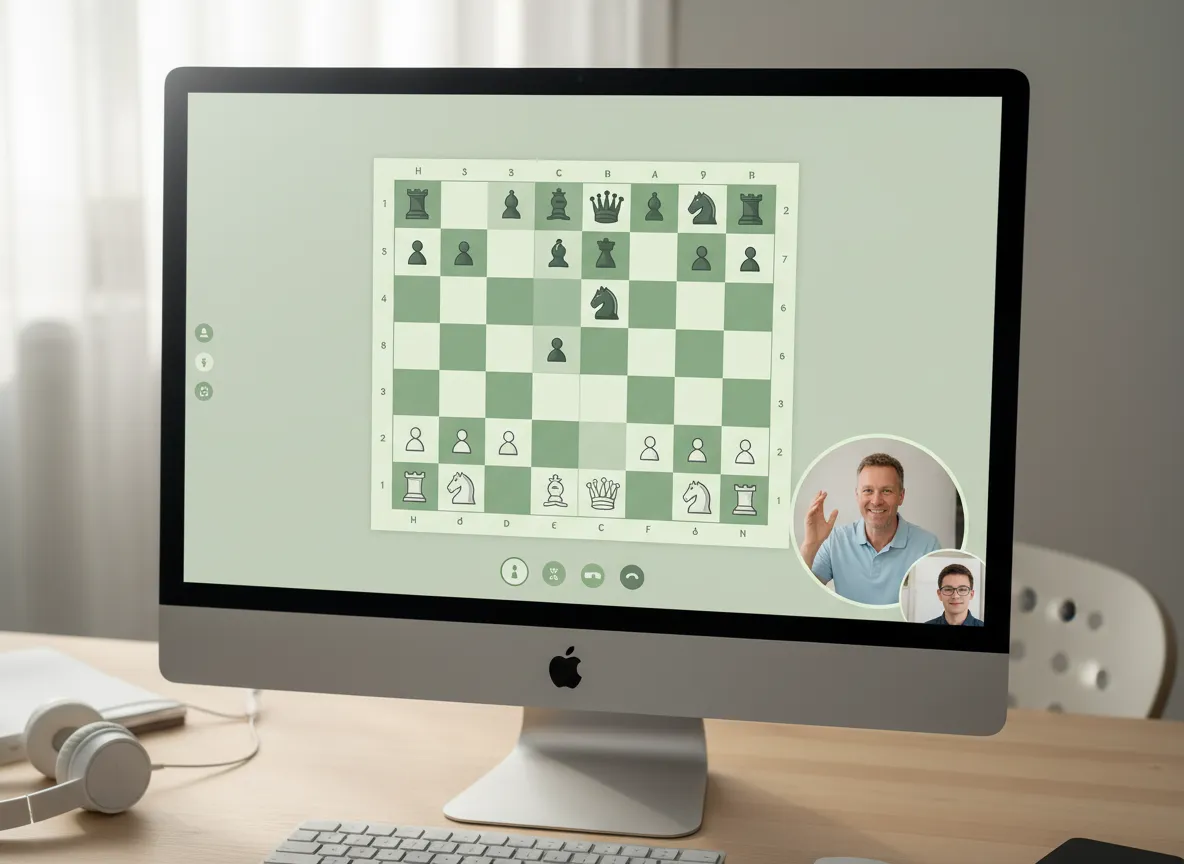 Plateau d'échecs vu de dessus avec un coach expliquant une position