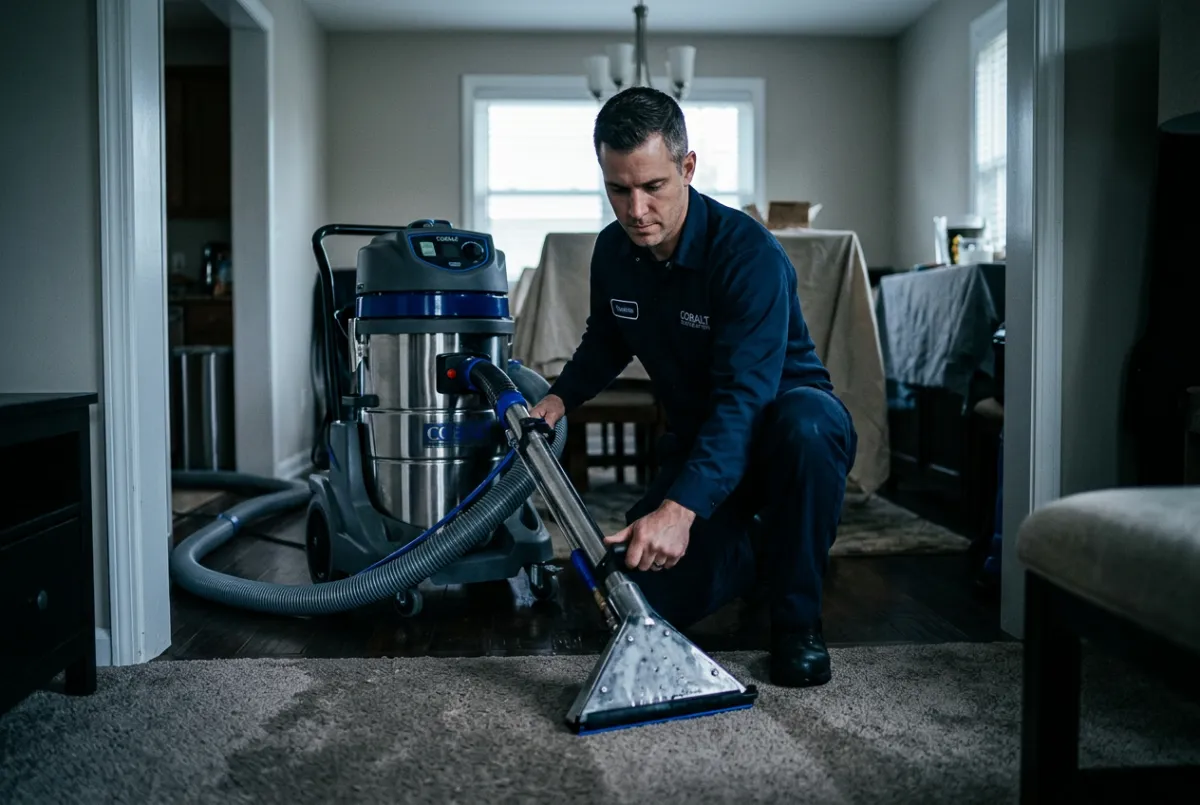 Certified restoration technician deploying industrial water extraction equipment