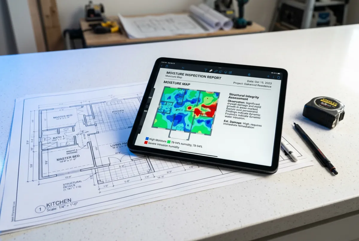 Detailed moisture mapping and structural inspection report on digital tablet