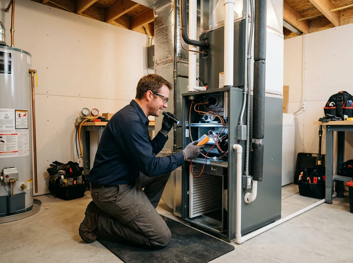 Technician inspecting a residential furnace and air handler