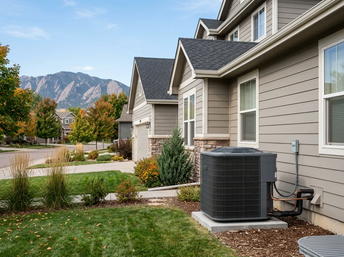 Outdoor heat pump unit installed beside a Colorado home