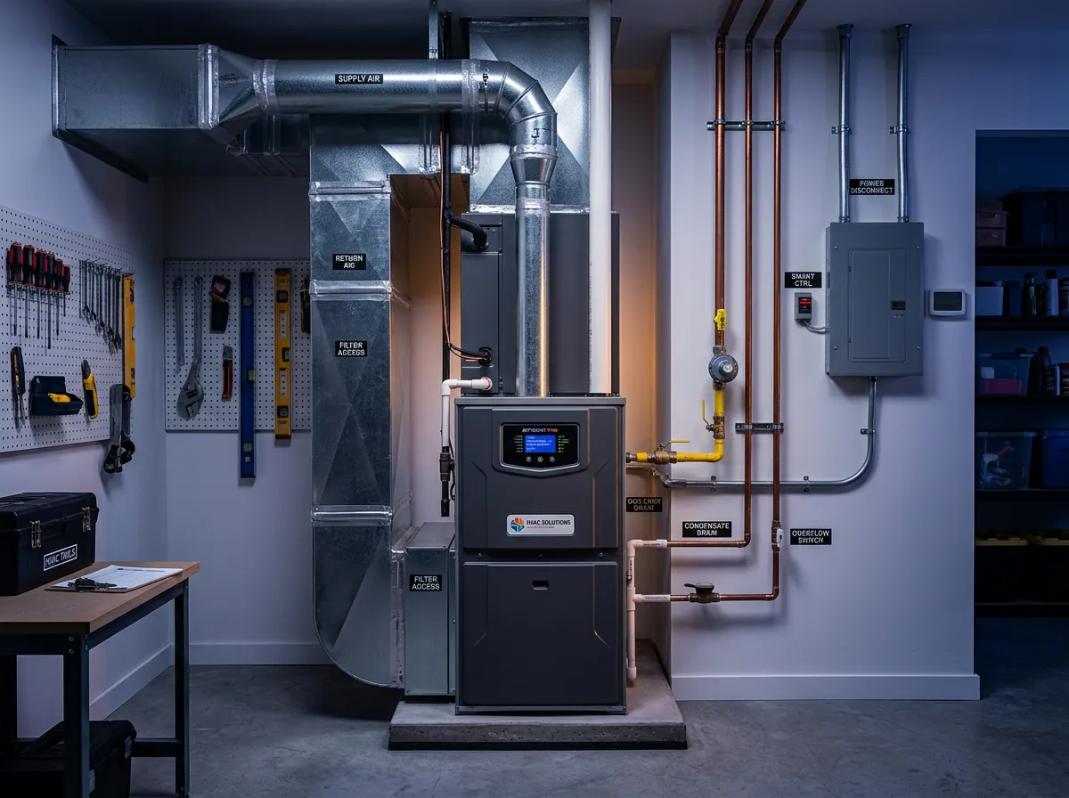High efficiency multi-stage variable speed furnace installation in residential utility room