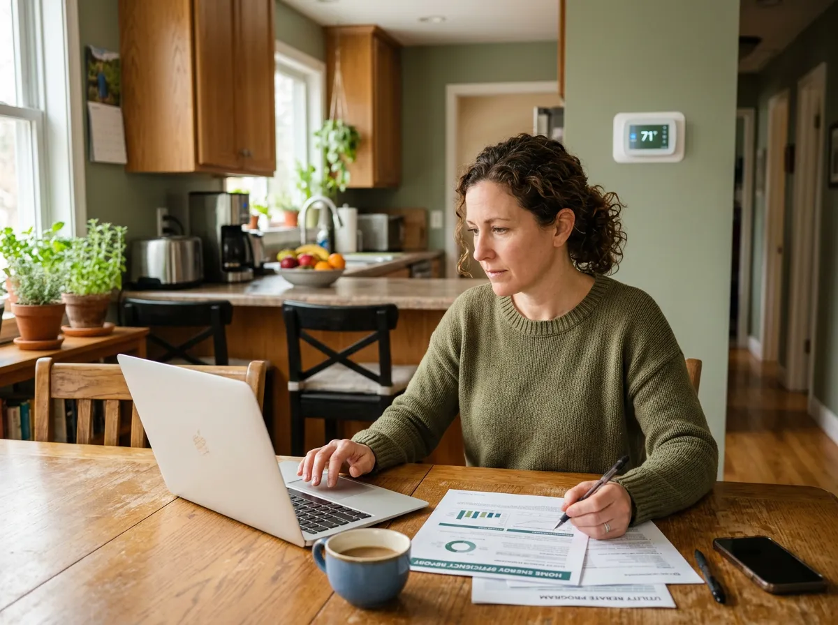 Homeowner reviewing rebate or incentive information for energy-efficient upgrades