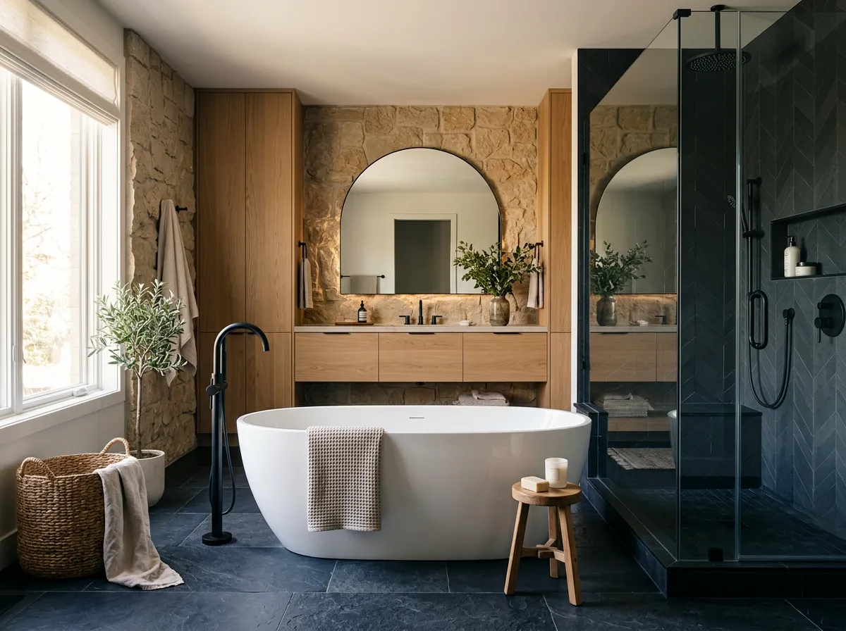 Spa-inspired primary bathroom remodel in Denver featuring freestanding tub and walk-in shower