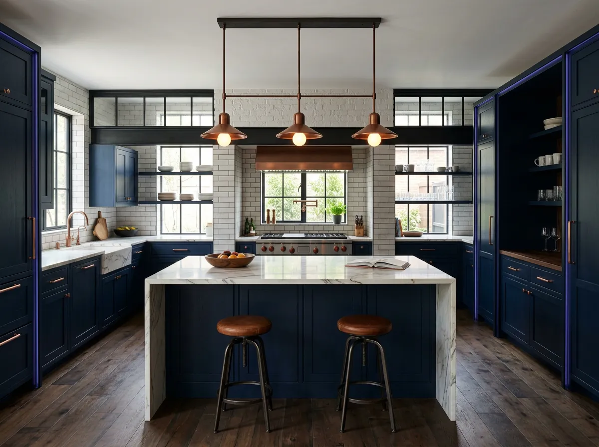 Luxury modern Denver kitchen renovation with quartzite waterfall island and custom wood cabinetry