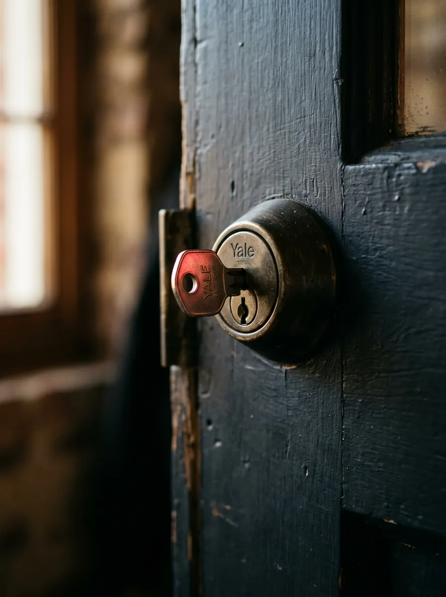 Portrait photo of a house key in a front door lock in warm natural light, shallow depth of field